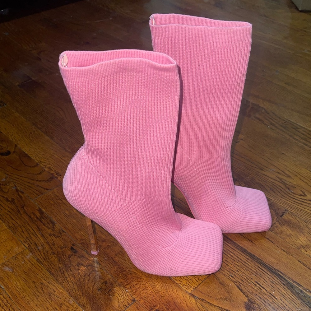 PINK KNIT STILETTO HEEL SOCK ANKLE BOOT